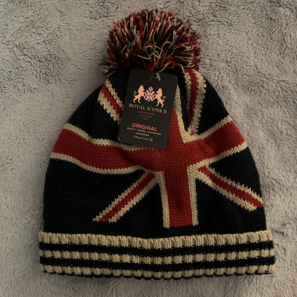 Union Jack British Flag Beanie - Cuffed Knit Winter Stocking Cap Hat, England